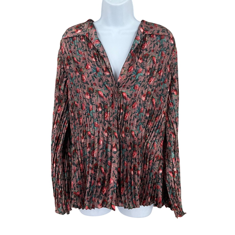 Vince Rose-Print Pleated Button Front Blouse